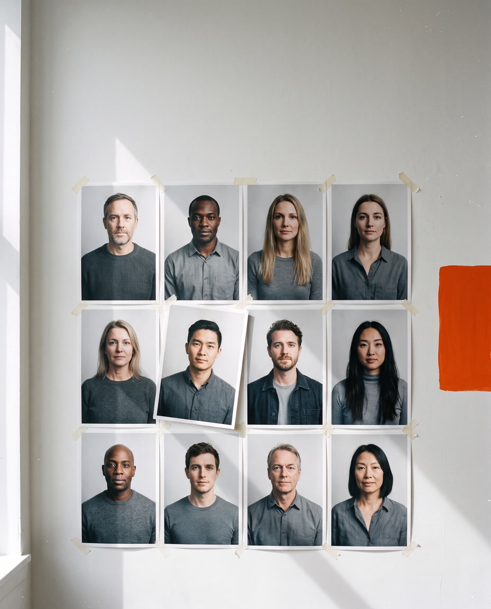 A grid of twelve printed adult headshots taped to a chalk-white wall, lit by hard window light