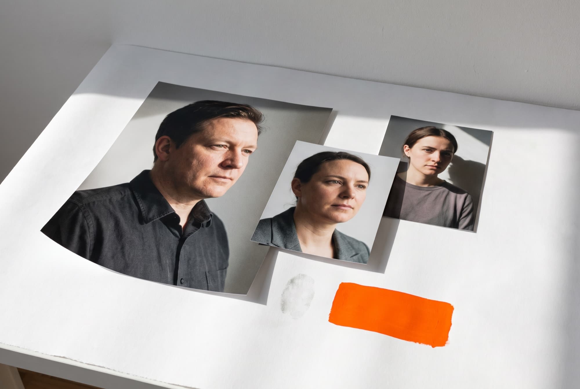 Three adult portrait prints laid on a chalk-white surface in a staggered row under hard daylight