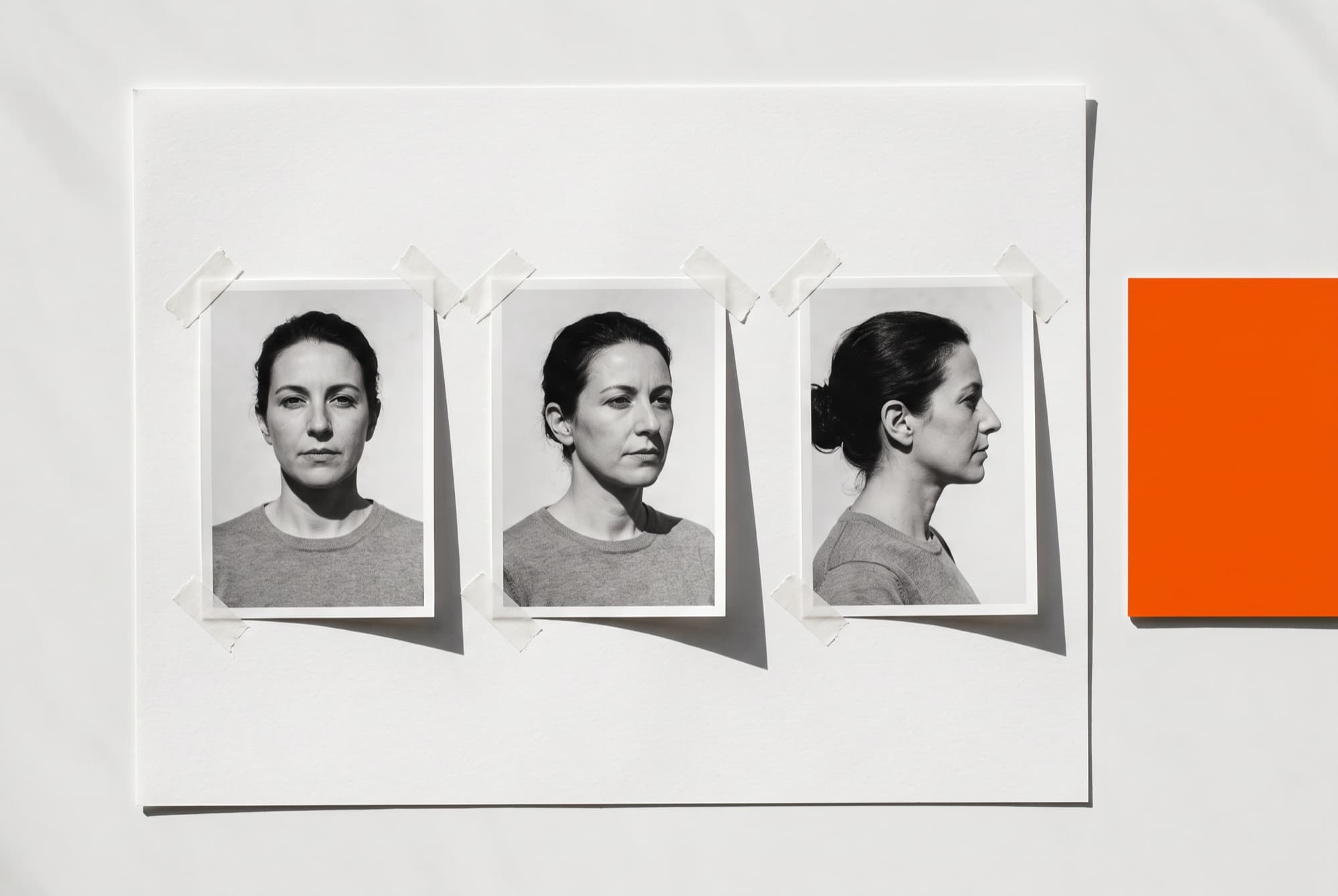 Three prints of the same adult face taped to a sheet of paper: front on, three-quarter and in profile