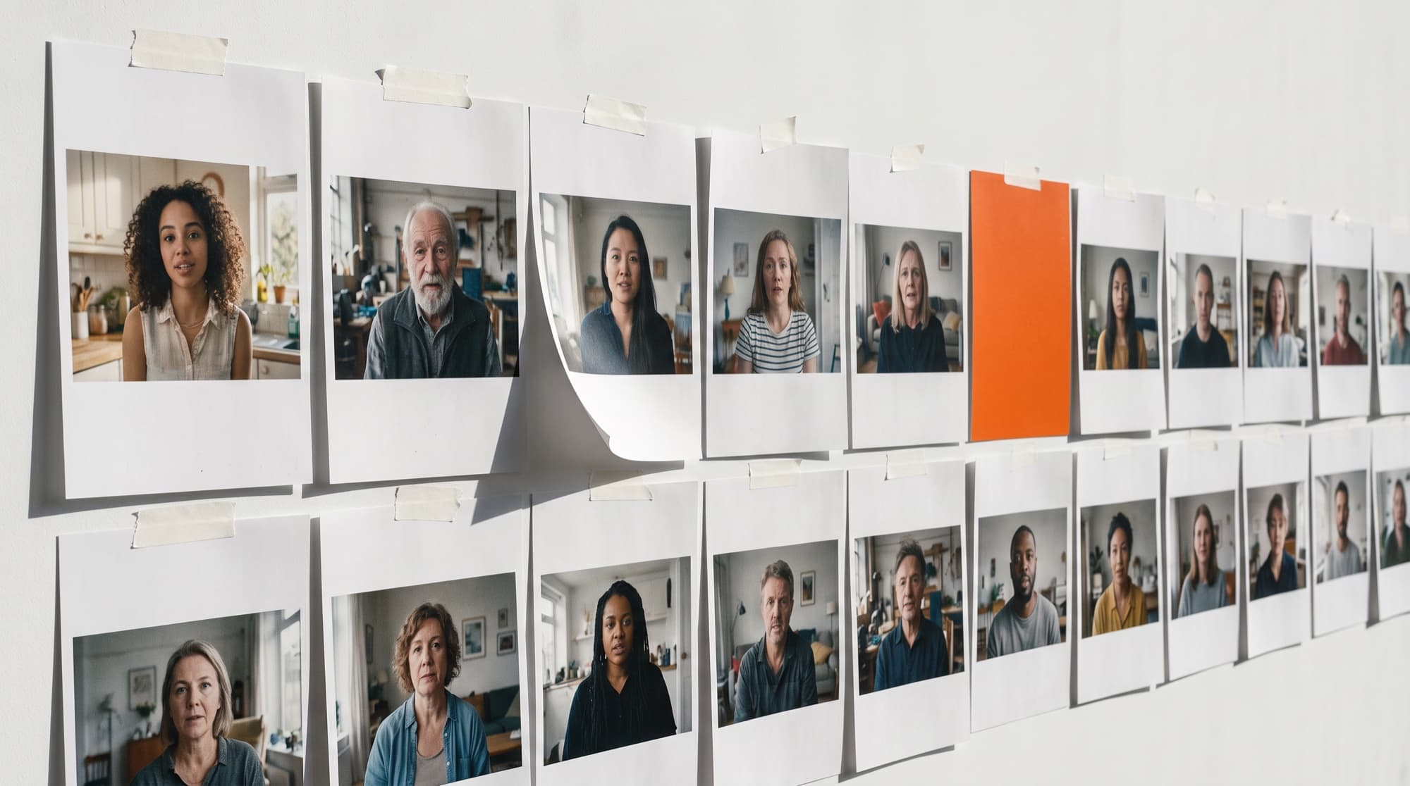 A wall of printed vertical stills taped slightly overlapping, seen at an angle, one orange print among them