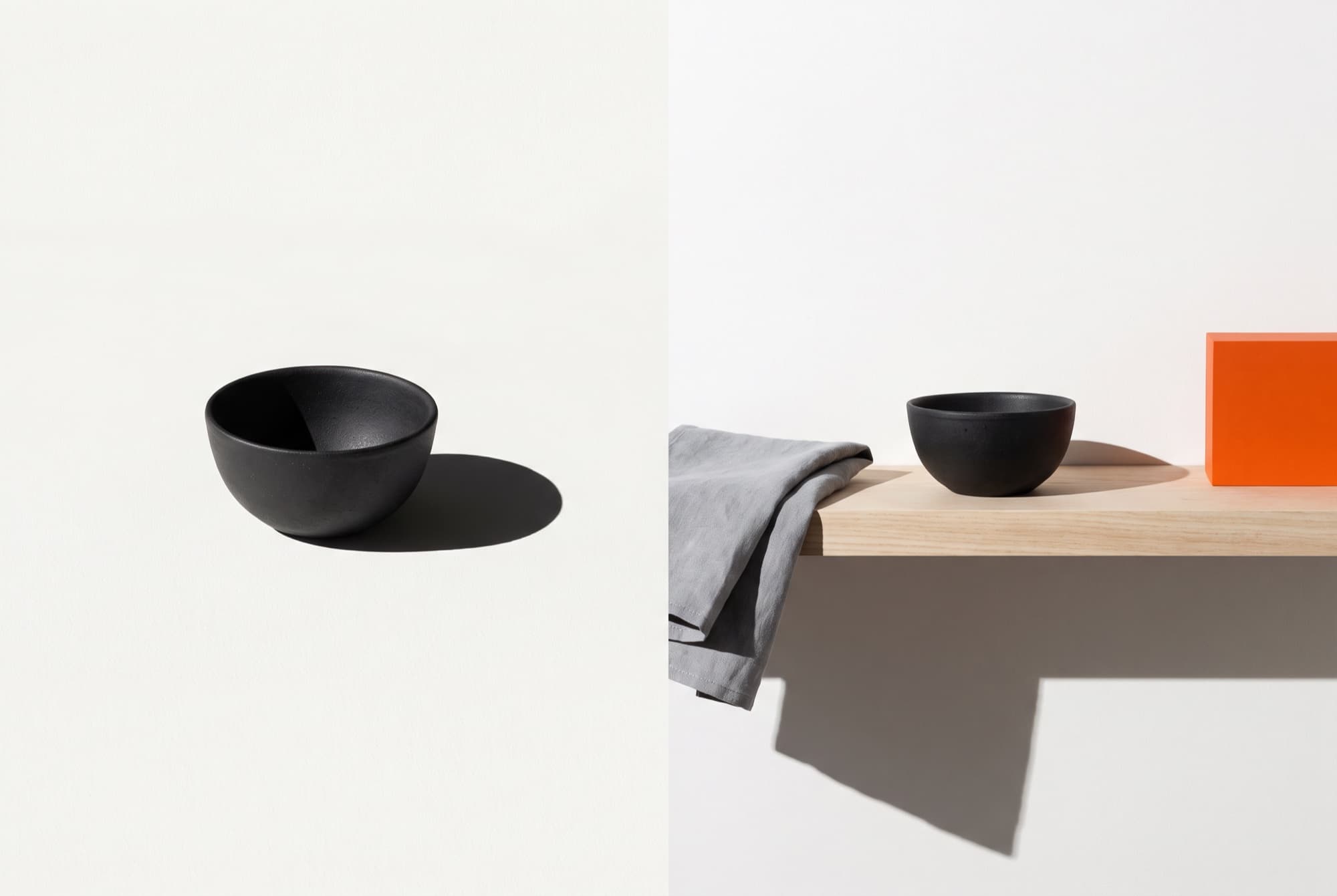 A plain charcoal bowl standing alone on chalk paper beside the same bowl styled on a shelf with a folded cloth