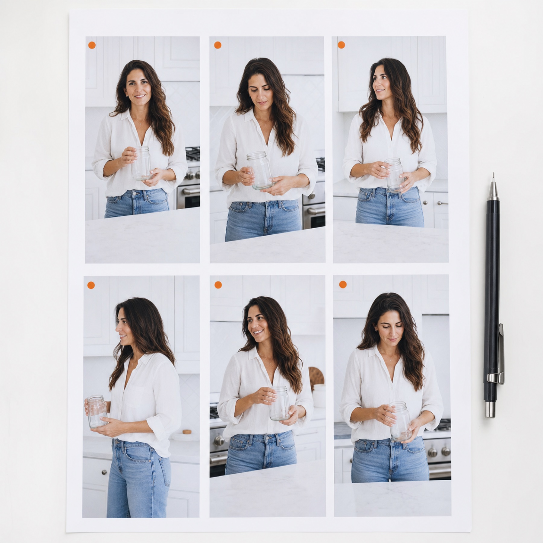 A printed storyboard sheet showing six vertical frames of the same woman in a white kitchen